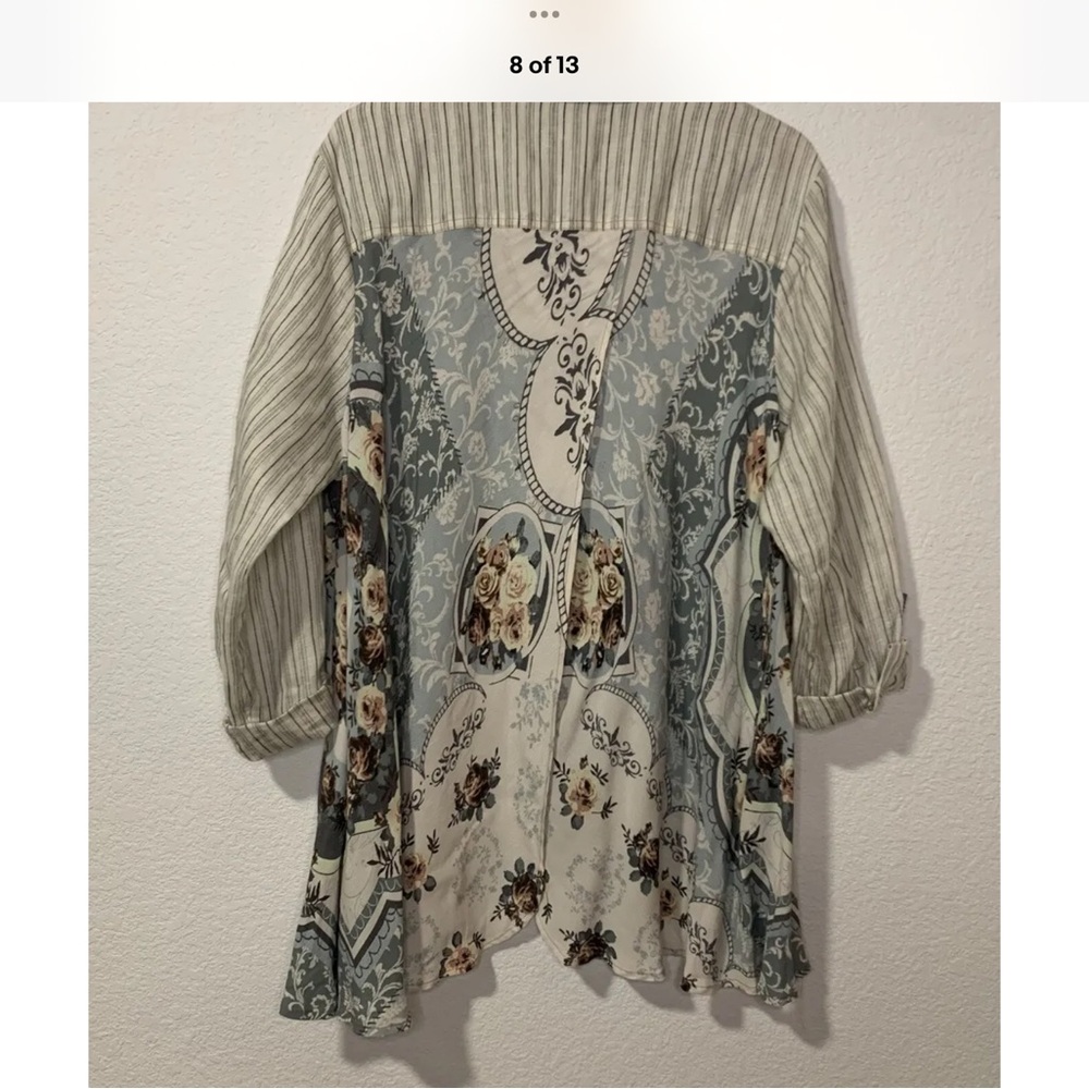 John Mark plus size Embellished mixed Fabric Button-Up Shirt - Picture 6 of 13